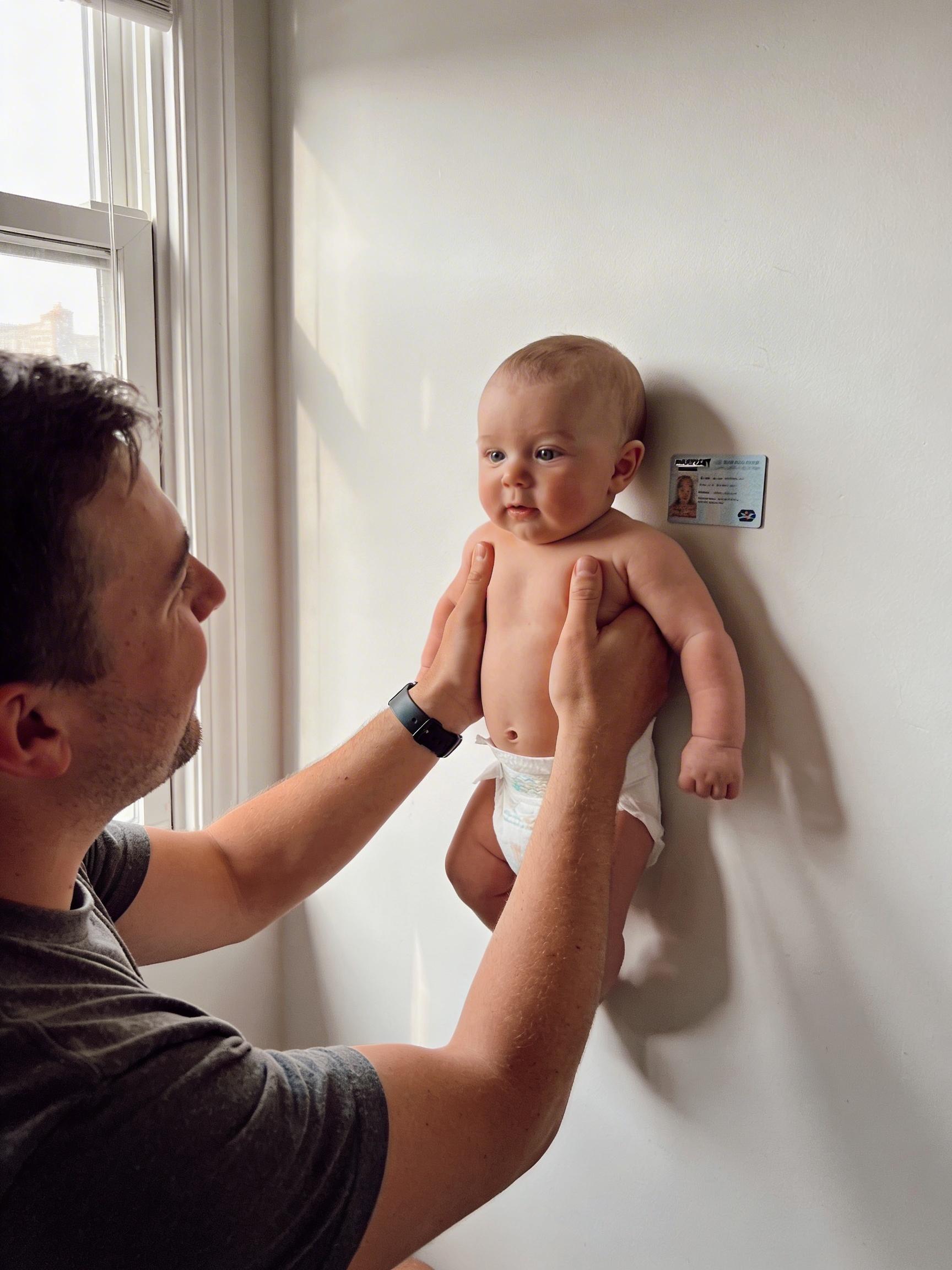 Parent holding baby against a white wall for a DIY passport photo at home
