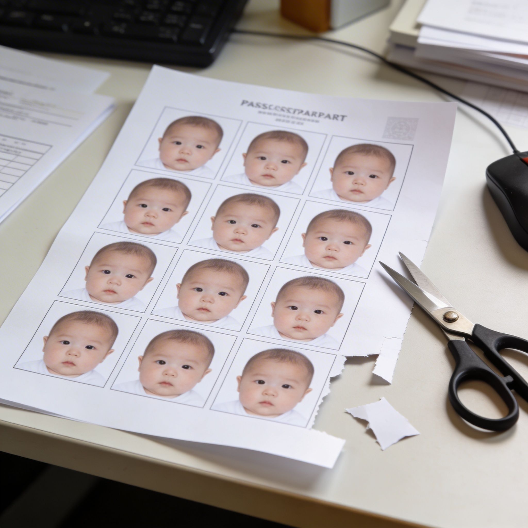 Printed baby passport photo sheet partially cut on a desk
