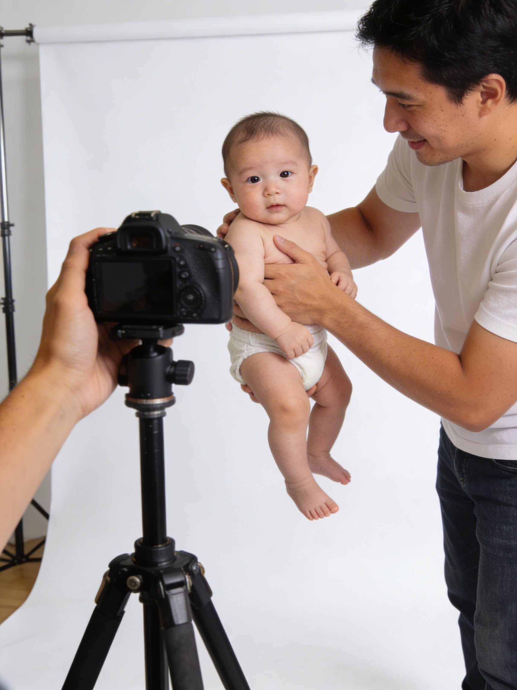 Professional photographer taking a baby passport photo with specialist equipment