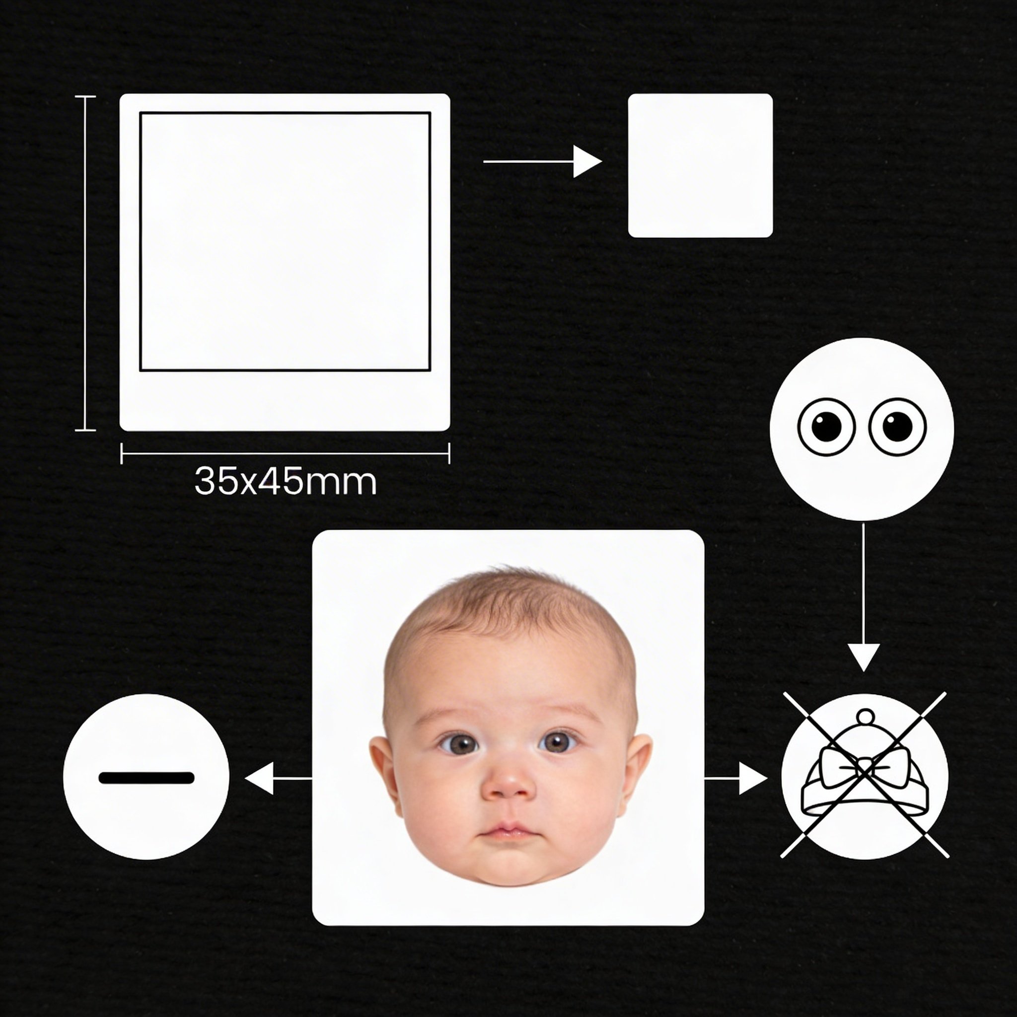 Diagram of UK official passport photo requirements for babies showing dimensions and key criteria