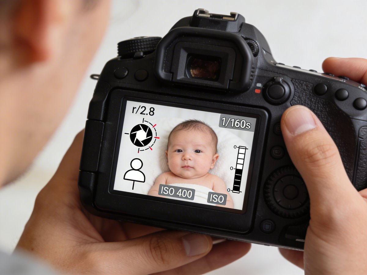 Camera screen showing recommended settings for baby photography