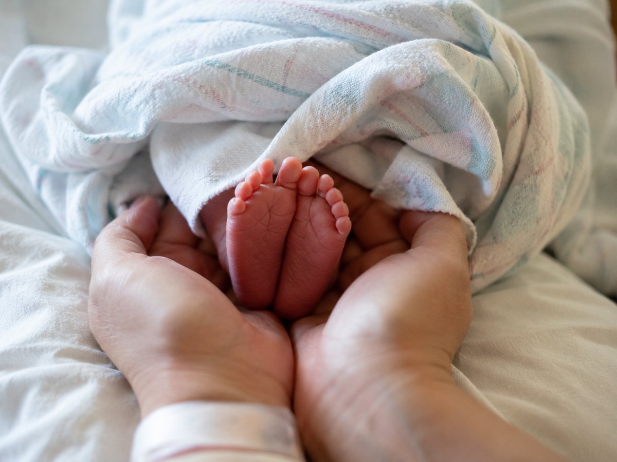Close-up of a newborn's hands and feet in hospital, soft natural side light