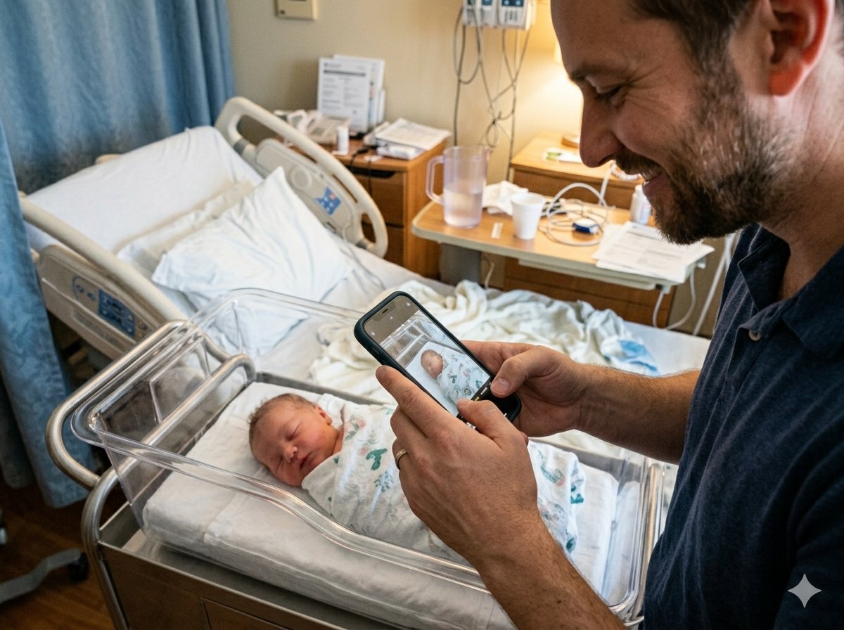 Birth photographer working discreetly in a delivery room, capturing first moments in natural light