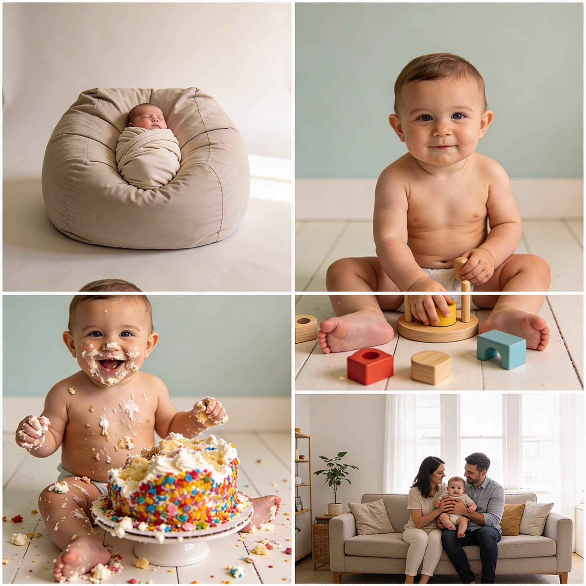 Grid composition showing five types of baby photo sessions: newborn posing in a beanbag, 6-month-old sitting, smash the cake, toys and lifestyle family session at home