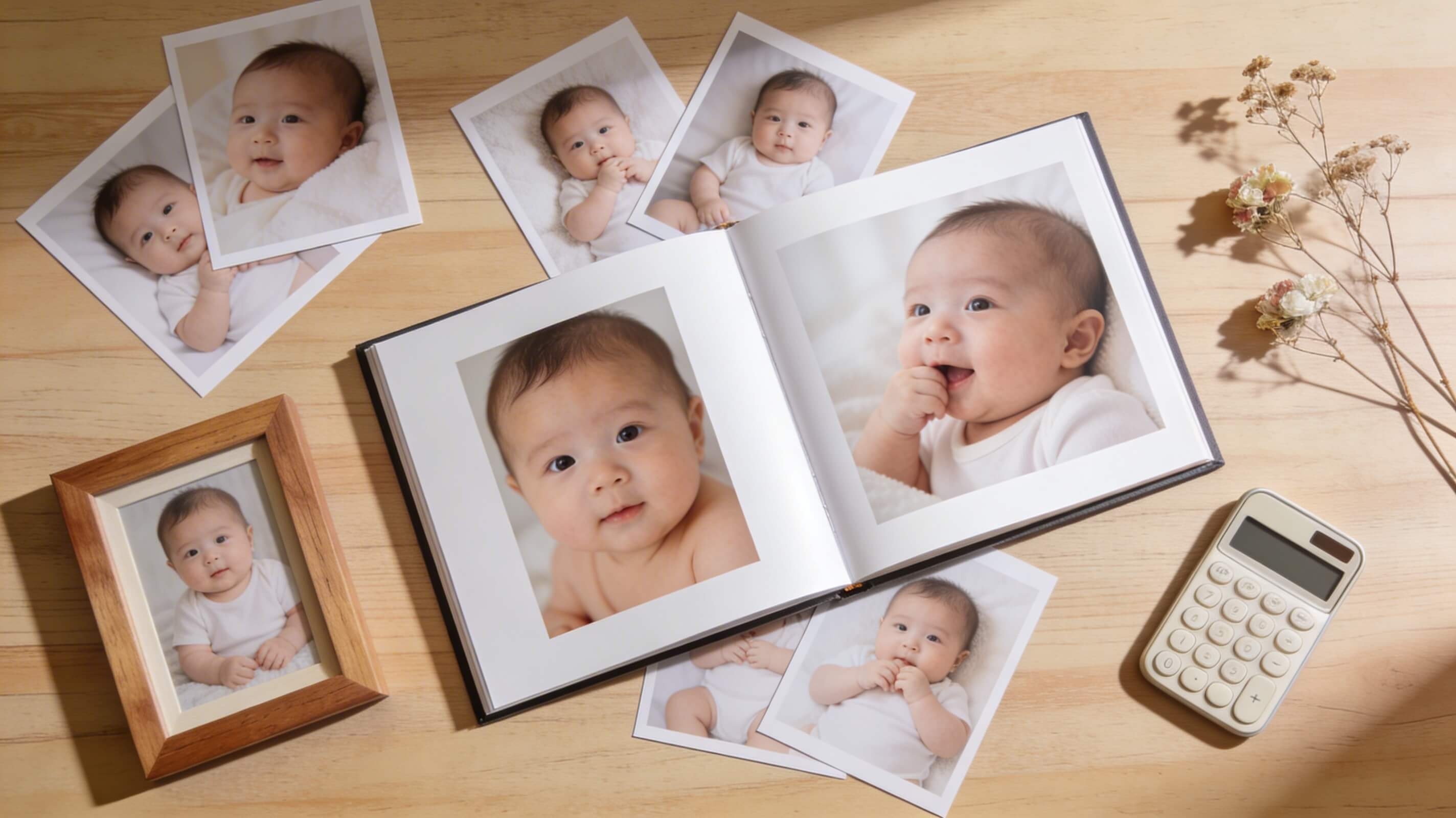 Flat lay on a wooden table showing an open baby photo album, printed photographs, a photo frame and a calculator, illustrating the value of investing in professional baby photography