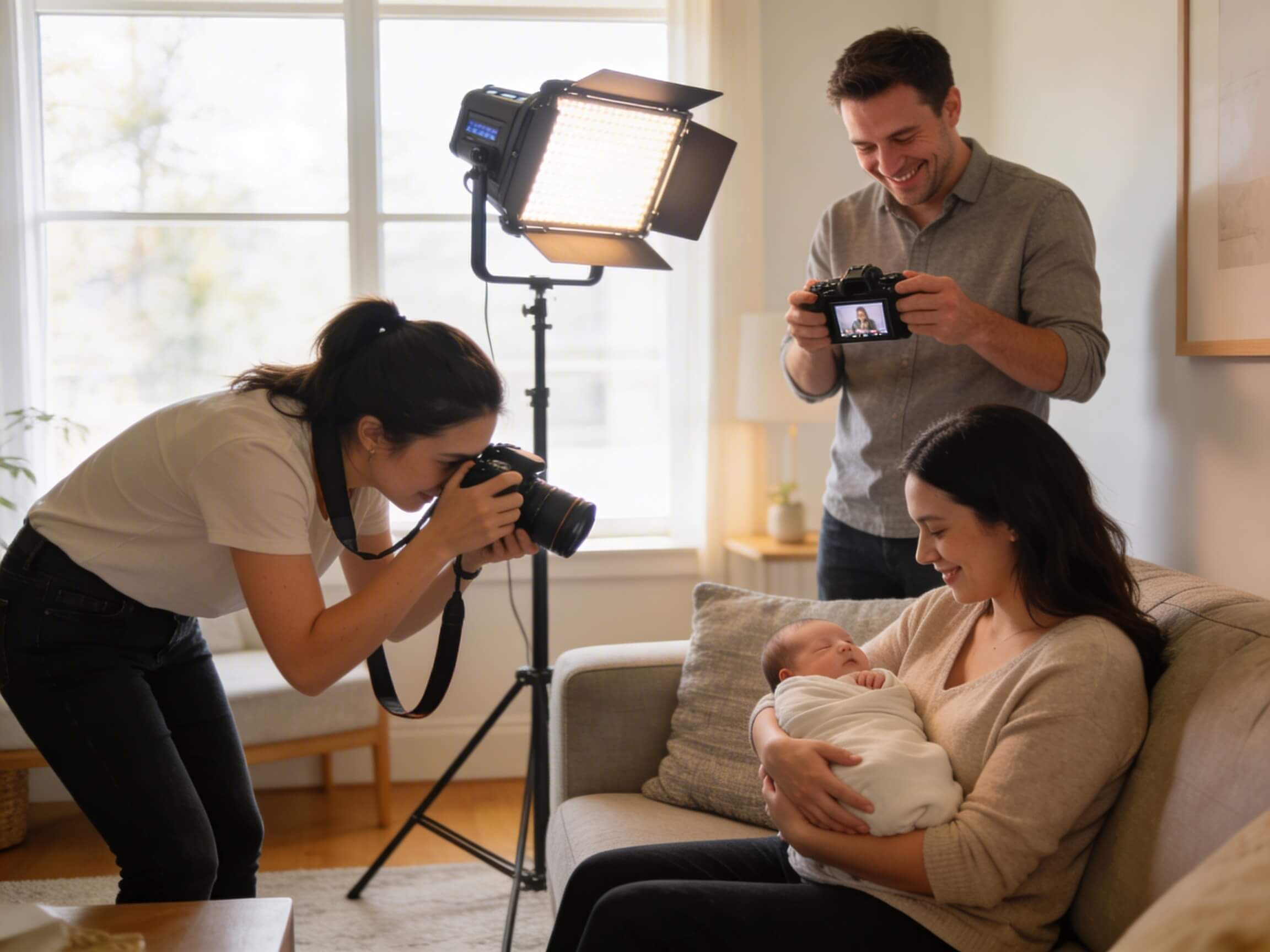 Professional photographer in action during a home lifestyle newborn session, with portable lighting and an assistant, capturing a baby in their mother's arms on a sofa in a bright living room