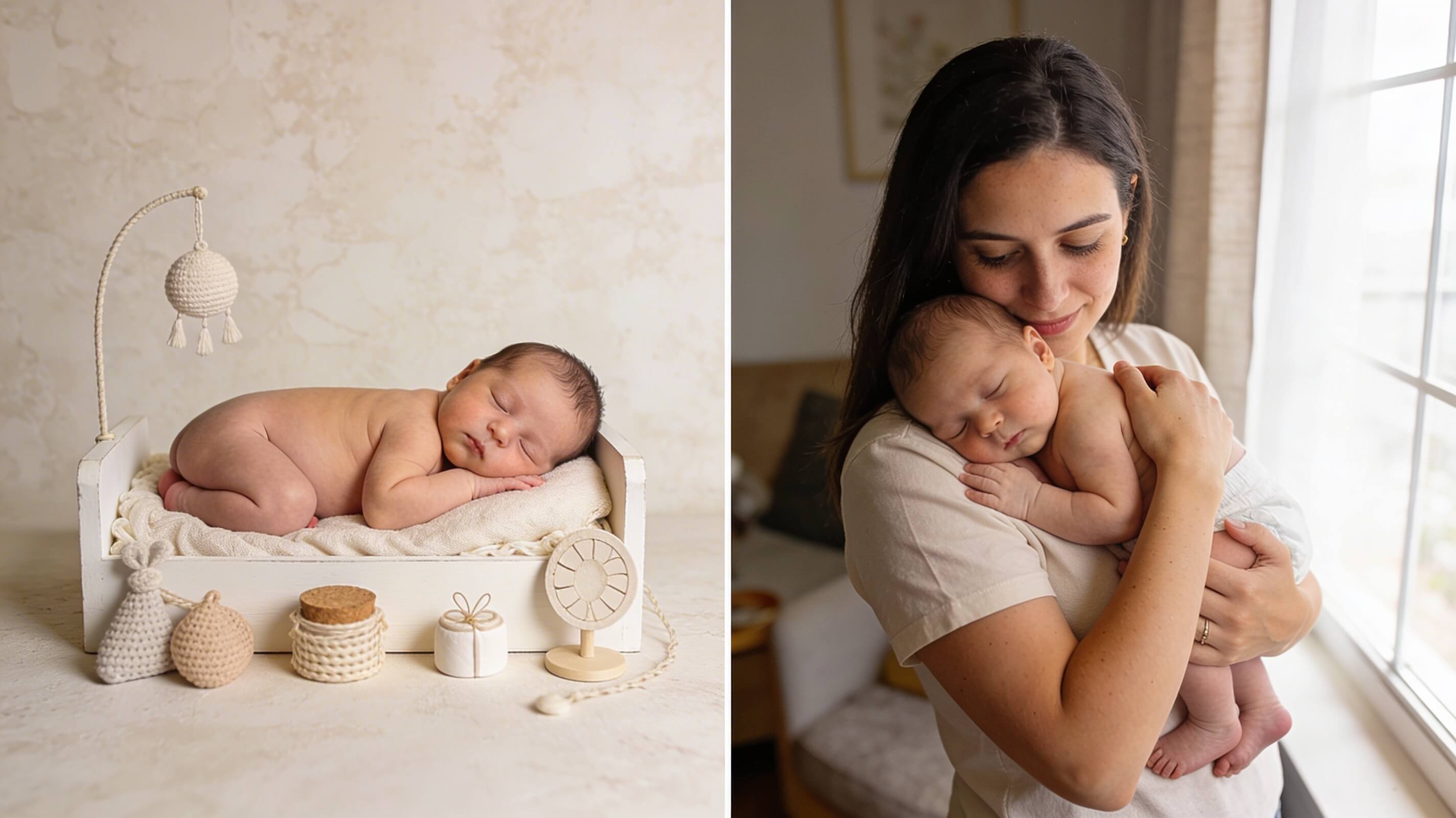 Side-by-side comparison: left shows an artistic studio pose of a sleeping newborn in a white basket with props; right shows a natural lifestyle photo of a mother gently holding her baby near a window