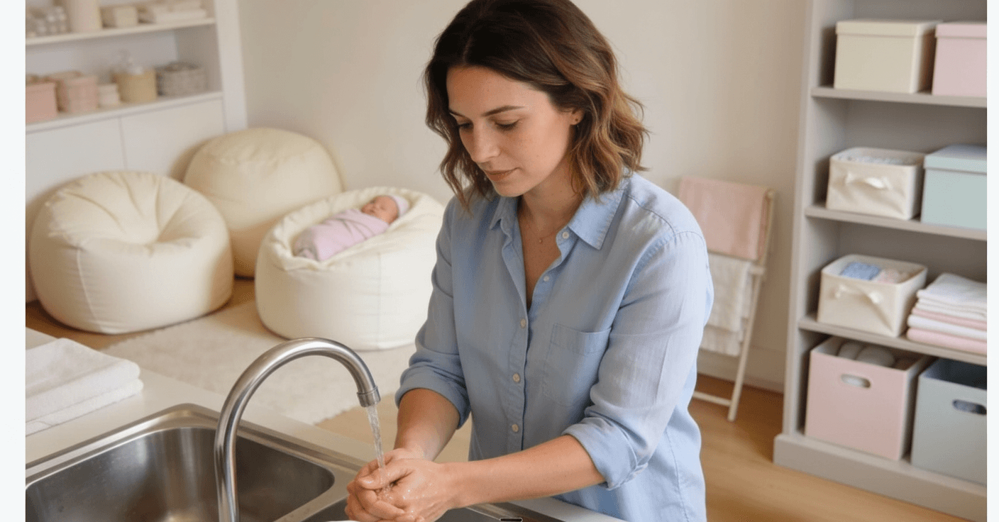Professional newborn photographer carefully washing their hands in a well-equipped baby photography studio, with wrapped newborns visible in the background, illustrating essential hygiene protocols