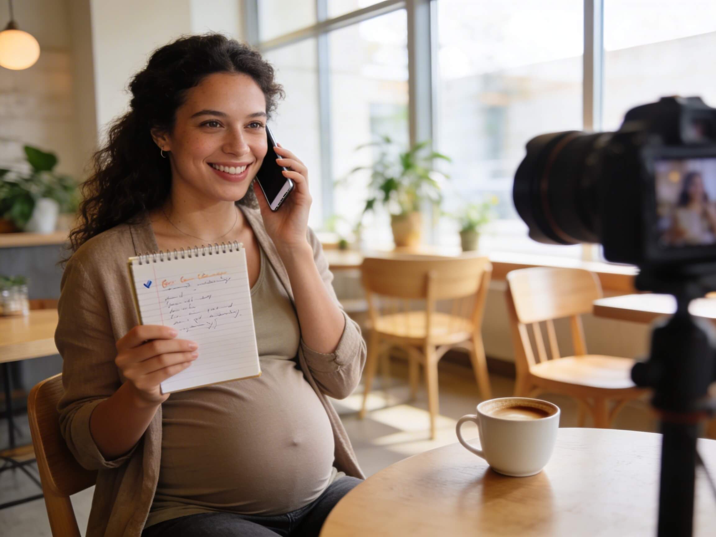 Smiling pregnant mother on the phone with a notepad in her hand, illustrating the preparation of questions to ask before booking a newborn photo shoot