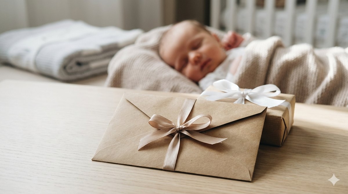 Baby photoshoot gift voucher presented in a kraft envelope with ribbon, thoughtful newborn gift idea in the UK