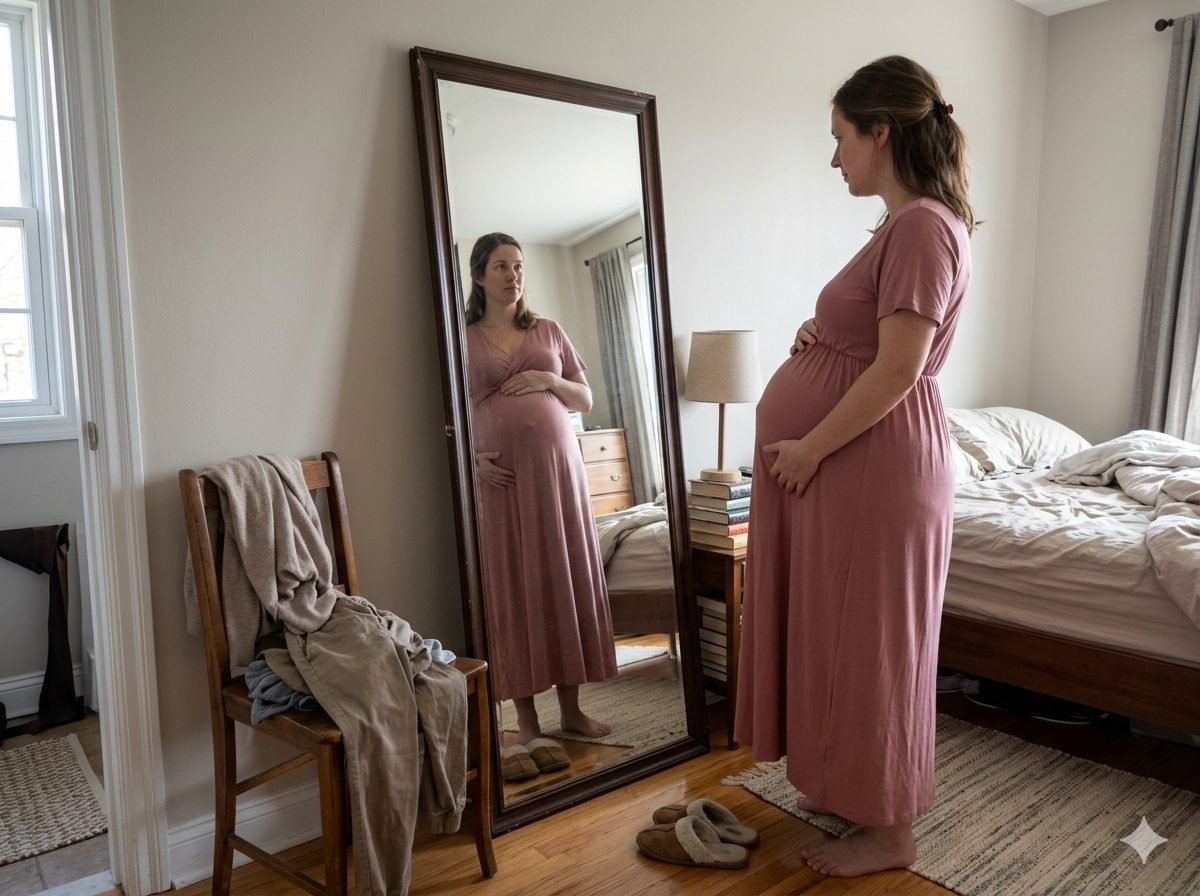Pregnant woman holding a small bouquet of wildflowers against her bump, standing in side profile, natural outdoor light