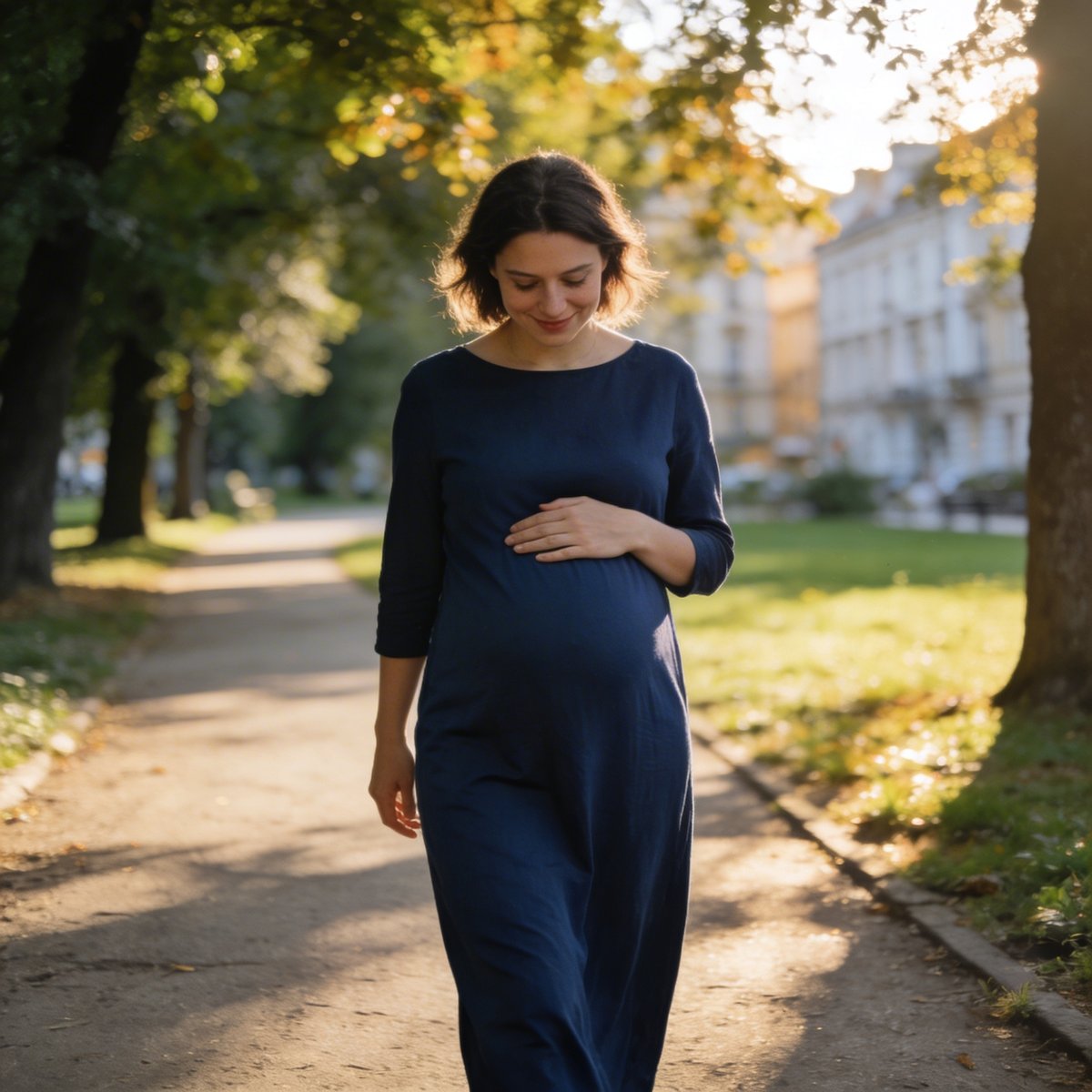 Pregnant woman in a flowing navy dress walking along a park path during an outdoor maternity photoshoot