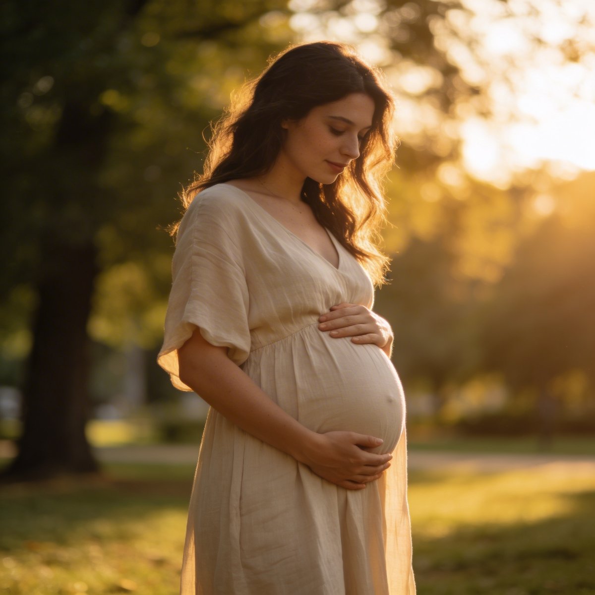 Pregnant woman with a beautifully rounded bump during an outdoor maternity photoshoot in natural light