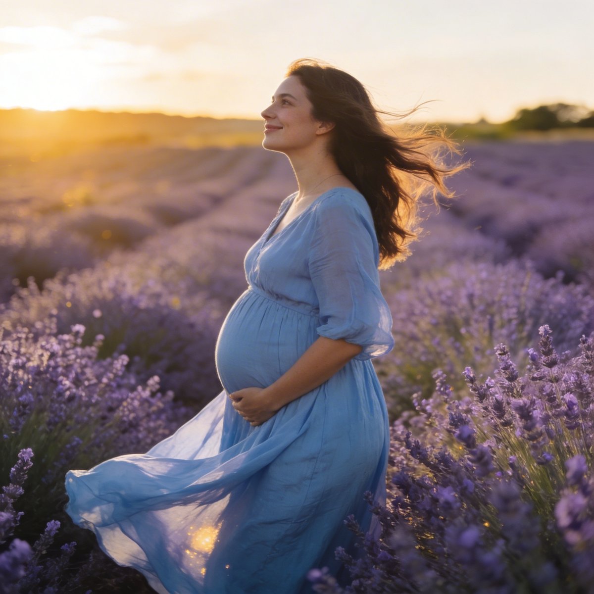 Pregnant woman in a flowing blue dress in a field of lavender at golden hour, a serene and luminous image