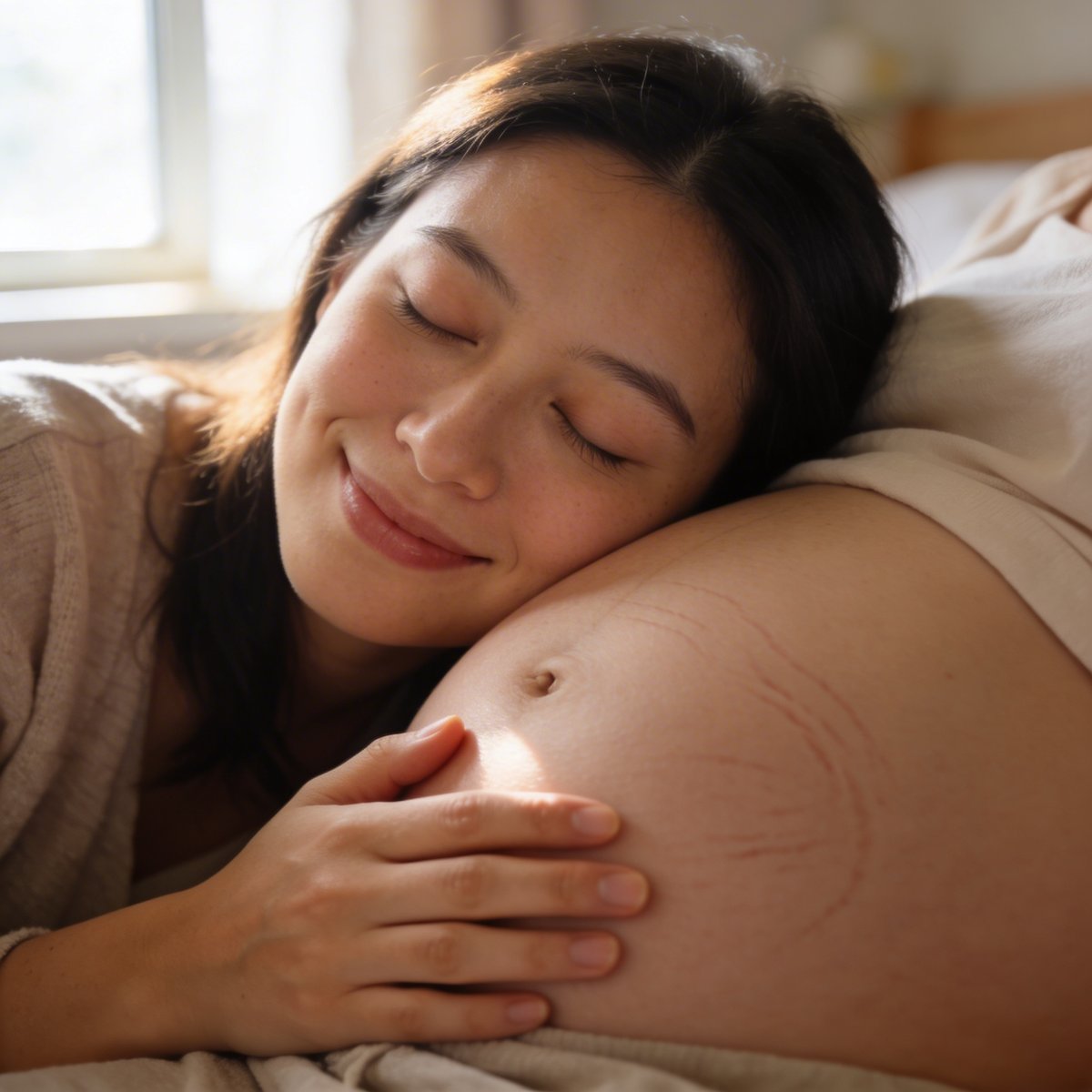 Expectant mother lying down, cheek resting against her rounded bump, an intimate and authentic moment