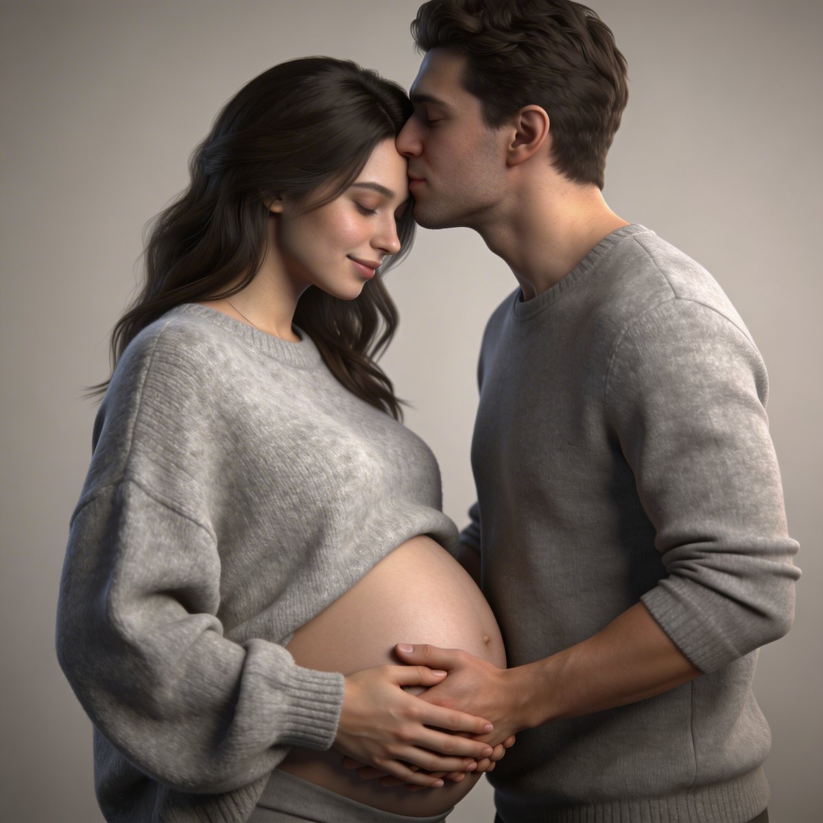 Classic maternity photoshoot poses: side profile, hands on bump, couple embracing