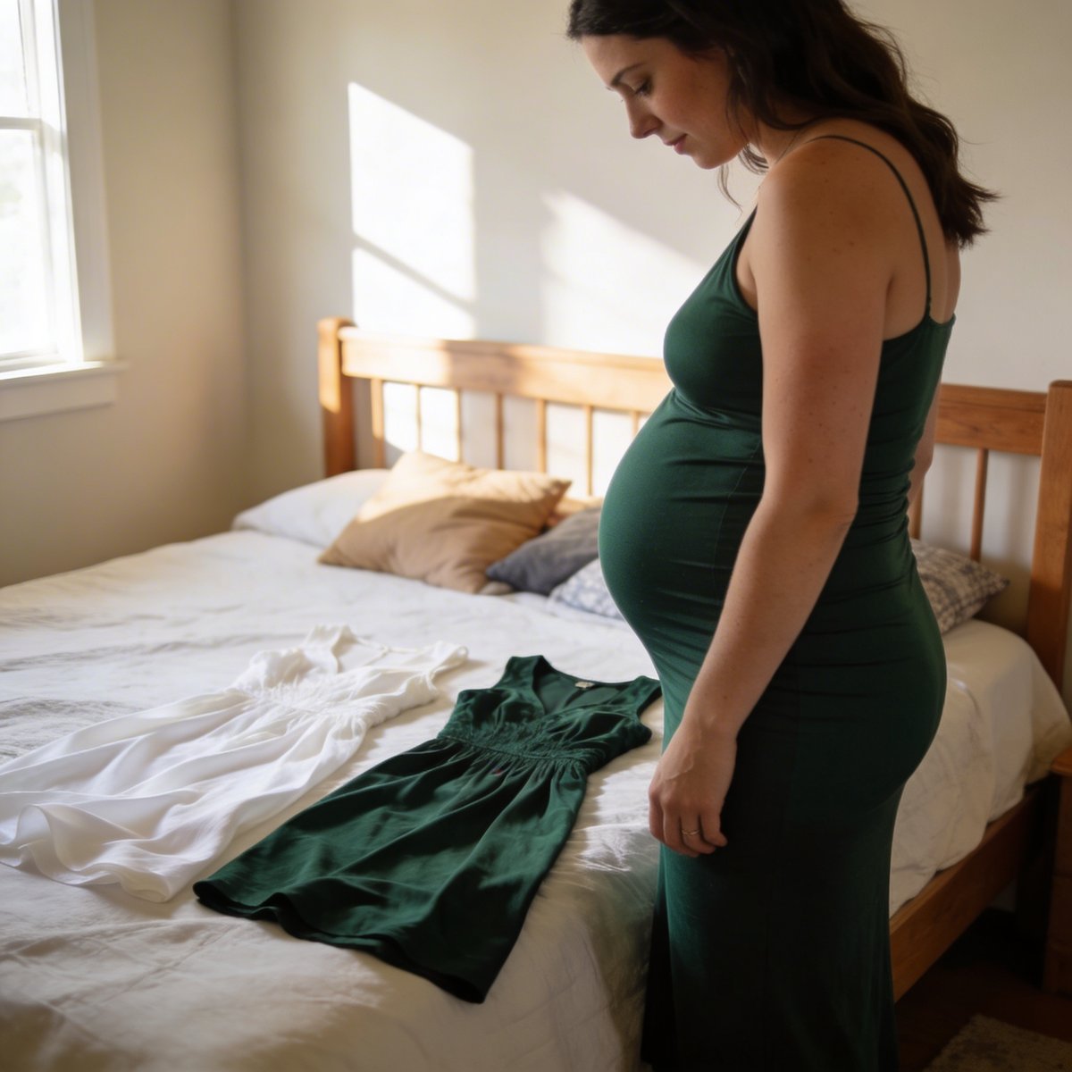 Expectant mother preparing for her maternity photoshoot with a selection of outfits and accessories