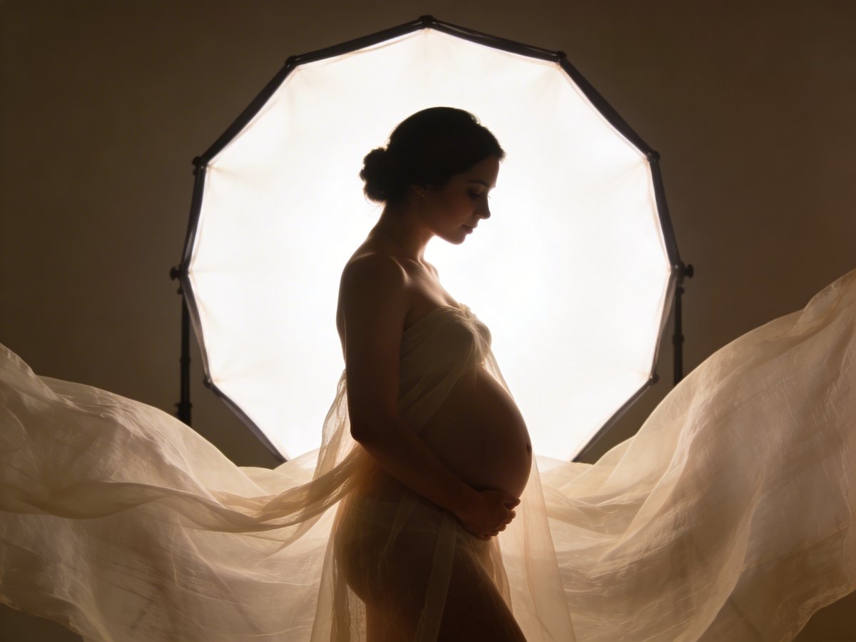 Selection of flowing dresses and suitable outfits for a maternity photoshoot in neutral and pastel tones
