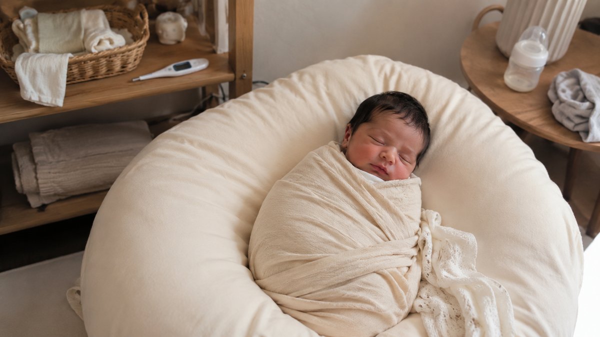 Sleeping newborn baby wrapped in a soft cream wrap during a professional newborn photoshoot