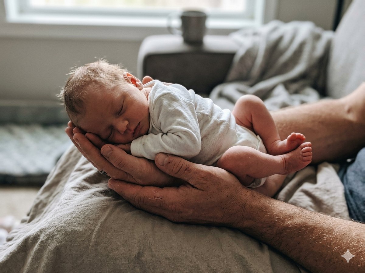 Newborn sibling photoshoot showing older child gently touching baby's hand, family portrait
