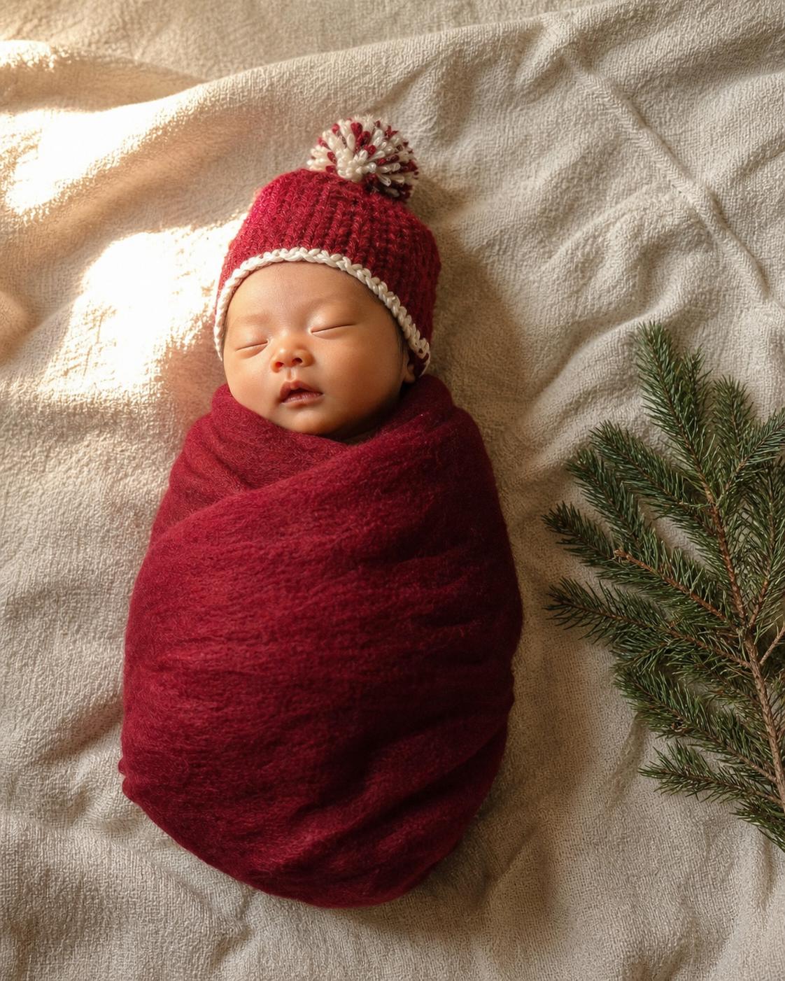 Newborn baby wrapped in a soft red swaddle with a small knitted Santa hat, Christmas photoshoot styling