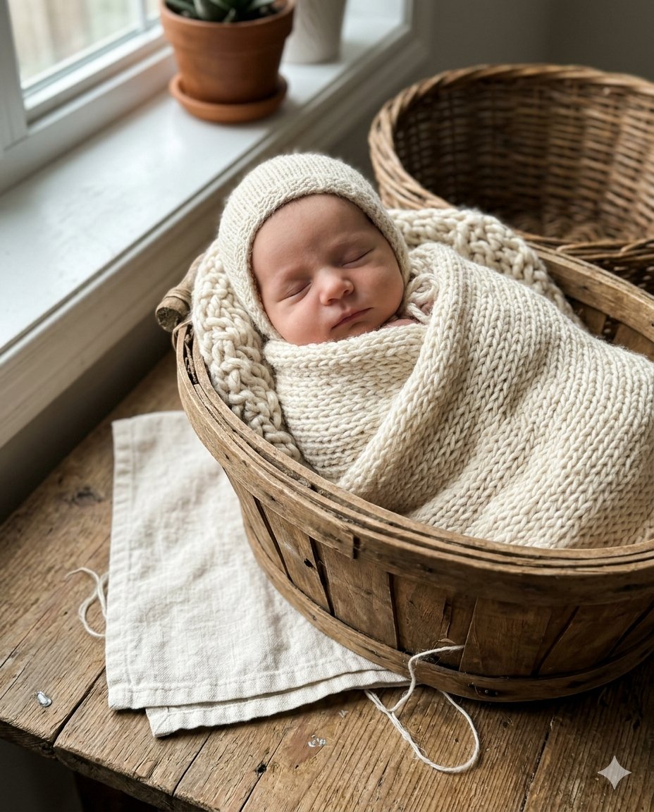 Sleeping newborn baby wrapped in a cream knit swaddle, nestled in a wooden basket under soft natural light