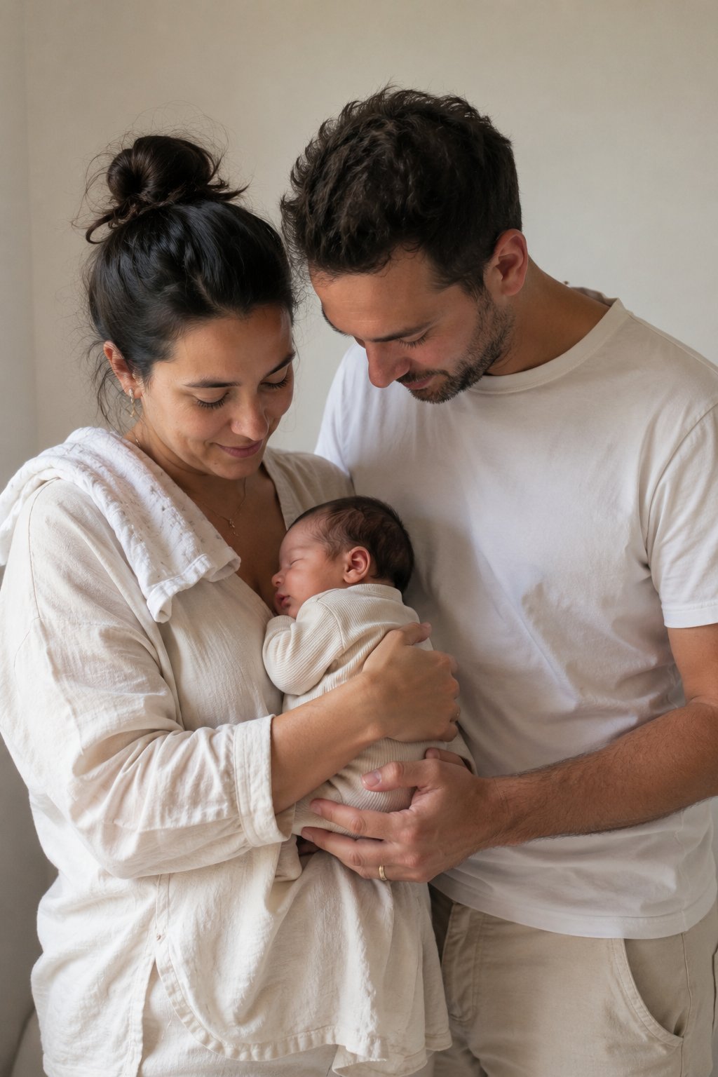 Parents dressed in coordinated neutral tones holding their newborn baby during a studio photoshoot